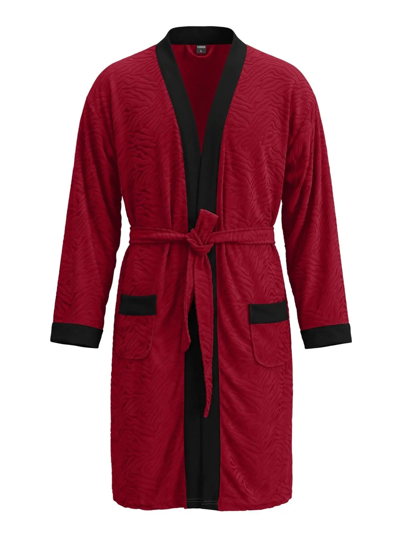 Men's Textured Lace-Up Home Bathrobe With Pockets, Soft Fleece Loose SPA Robe, Mid-Length Wrap Style, Men's Holiday Gift for Thanksgiving & Christmas, Casual Loungewear