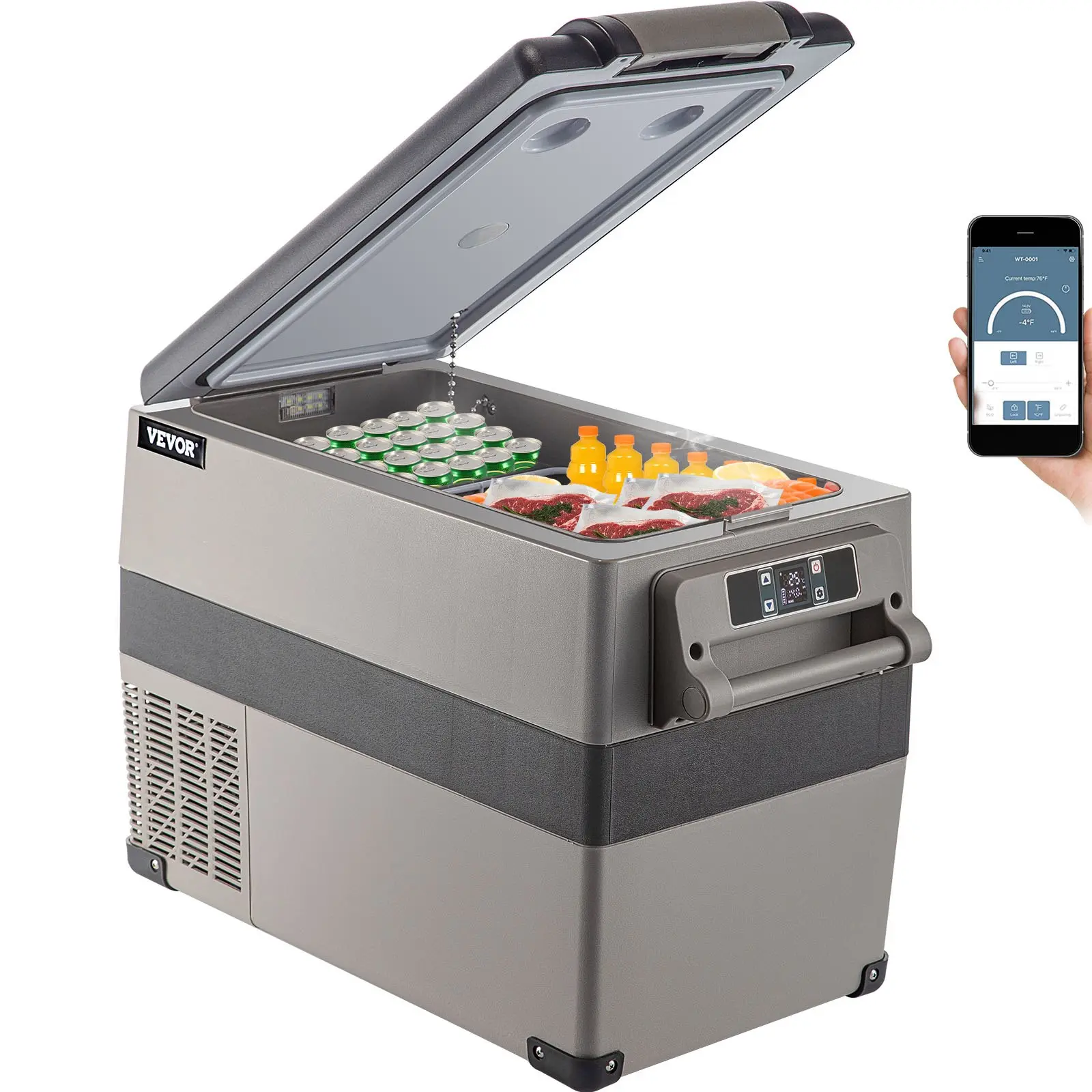 VEVOR 12 Volt Refrigerator, 48 Quart (45L) Fast Cooling Portable Freezer with App Control (-4℉~68℉), Car Fridge with 12/24v DC & 110-240v AC for Travel, Truck, Camping and Home Use, Black