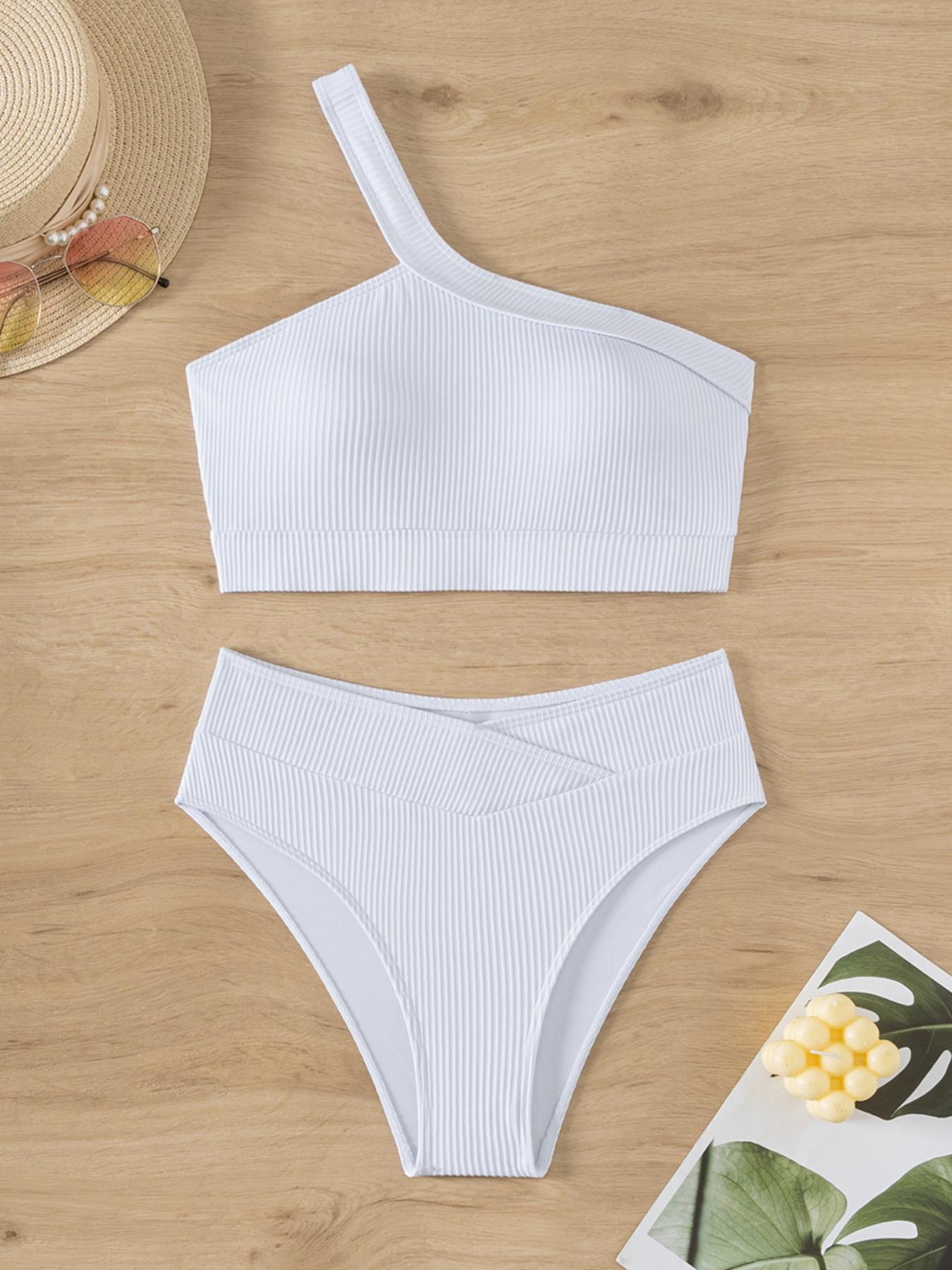 Two-Piece Set Women's Solid Color Ribbed Bikini Set for Beach Holiday Vacation, Ladies Swimwear, Swimsuits for All Seasons, Swimming Suit