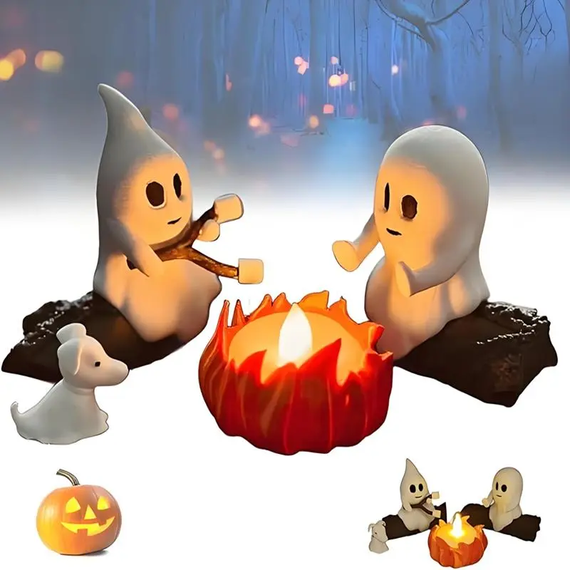 Halloween Spooky Ghost Bonfire Party, Ghost Bonfire Flashing Night Lights, 3D Printed Ghost Bonfire, Ghost Roasting LED Lights, Ghost Statue Set for Roasting Marshmallows by the Bonfire, Party Decor