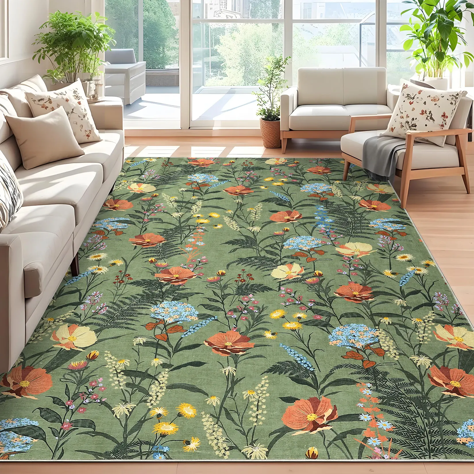 Large Area Rugs for Living Room, Low Pile Modern Floral Accent Carpet, Non-Shedding & Easy Cleaning Botanical Floor Mats, Ideal for Bedroom, Nursery, Home Office