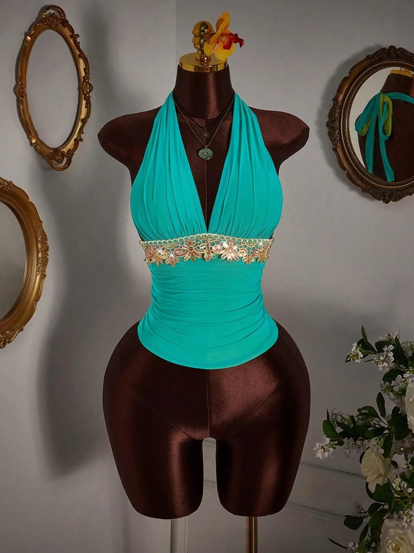 Lake Blue Halter Neck V-Neck Sleeveless Waist-Cropped Top  Deep V Tie-Waist Ruched Hem Gold Lace Rhinestone  Slimming Sexy Women Summer New Arrival Crop Tank Tops