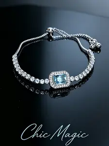 Luxury Square Cubic Zirconia Tennis Bracelet for Women, Slider Adjustable Dainty Stackable Bracelets, Shiny Daily Summer Jewelry, Ideal Birthday Anniversary Gift for Her