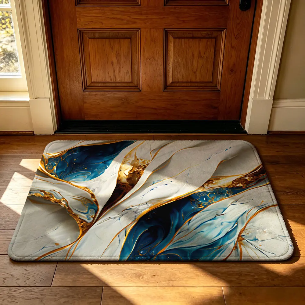 A rectangular blue and gold marble-patterned abstract entrance mat with a surrounding border and anti-slip felt and silicone. It's soft, can be machine-washed, and is suitable for use as a Front Door Mat to prevent dirt, in bedroom entrances, bathroom en
