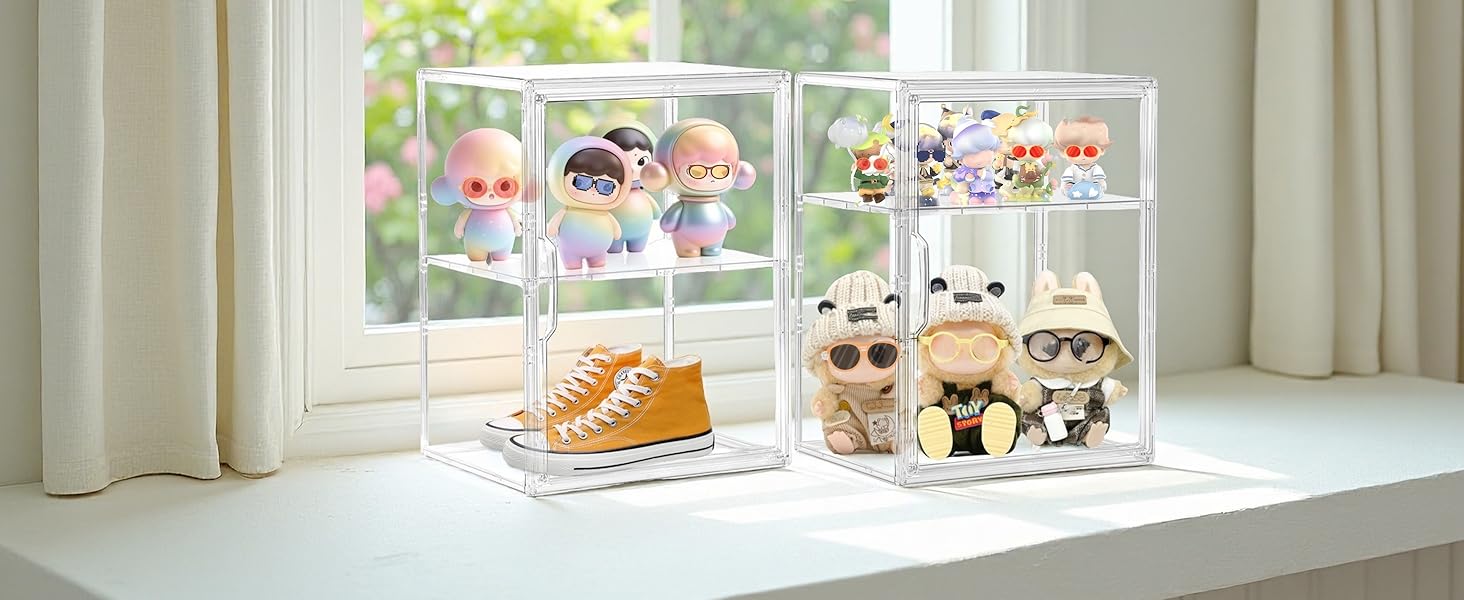 Acrylic Display Case for Collectibles, Clear Storage Bin with 3 Adjustable Layers and 1 Removable Divider, Stackable Clear Storage Box with Magnetic Door for Figures, Home or Office,Large