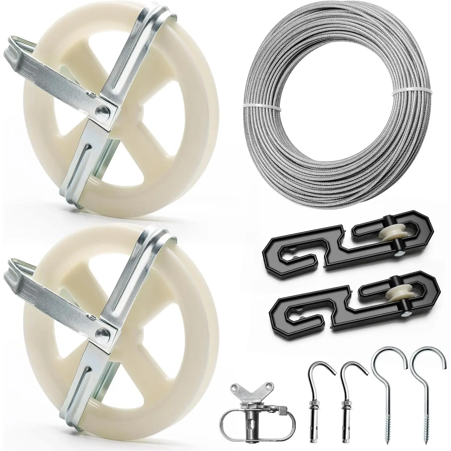 Complete Outdoor Clothesline Pulley Kit Includes 150FT Clothes Line, 2 Pulleys, 2 Separator Spreaders, Tightener and 4 Hooks for Outdoor Clothes Drying