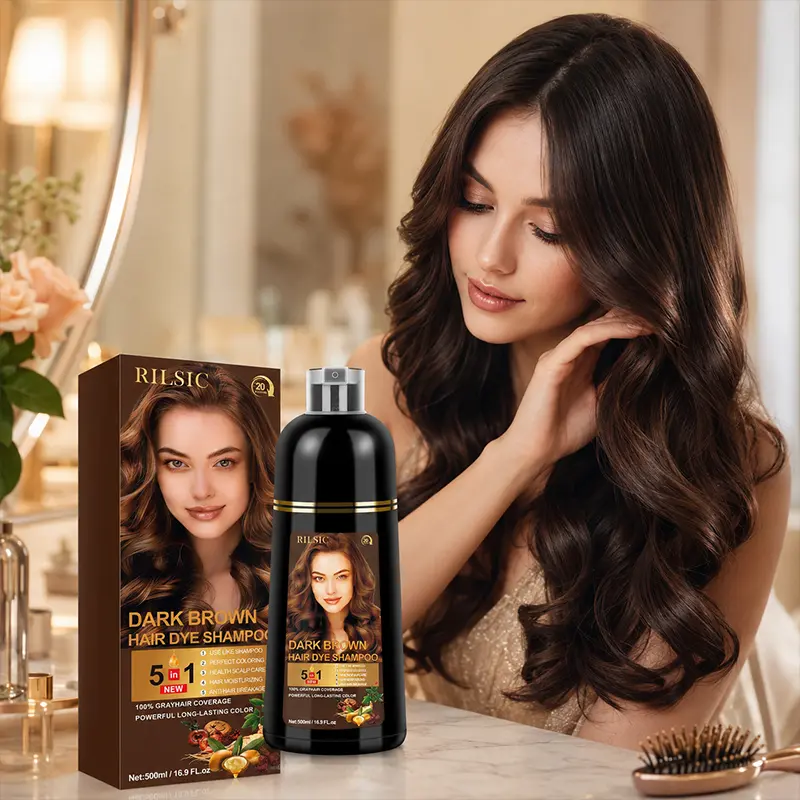 Black & Dark Brown Hair Dye Shampoo 500ml, 5 in 1 Hair Color Shampoo for Gray Hair Coverage, Herbal Shampoo Hair Dye for Women Men, Semi Permanent Hair Color with Nourishing Hair Care Formula