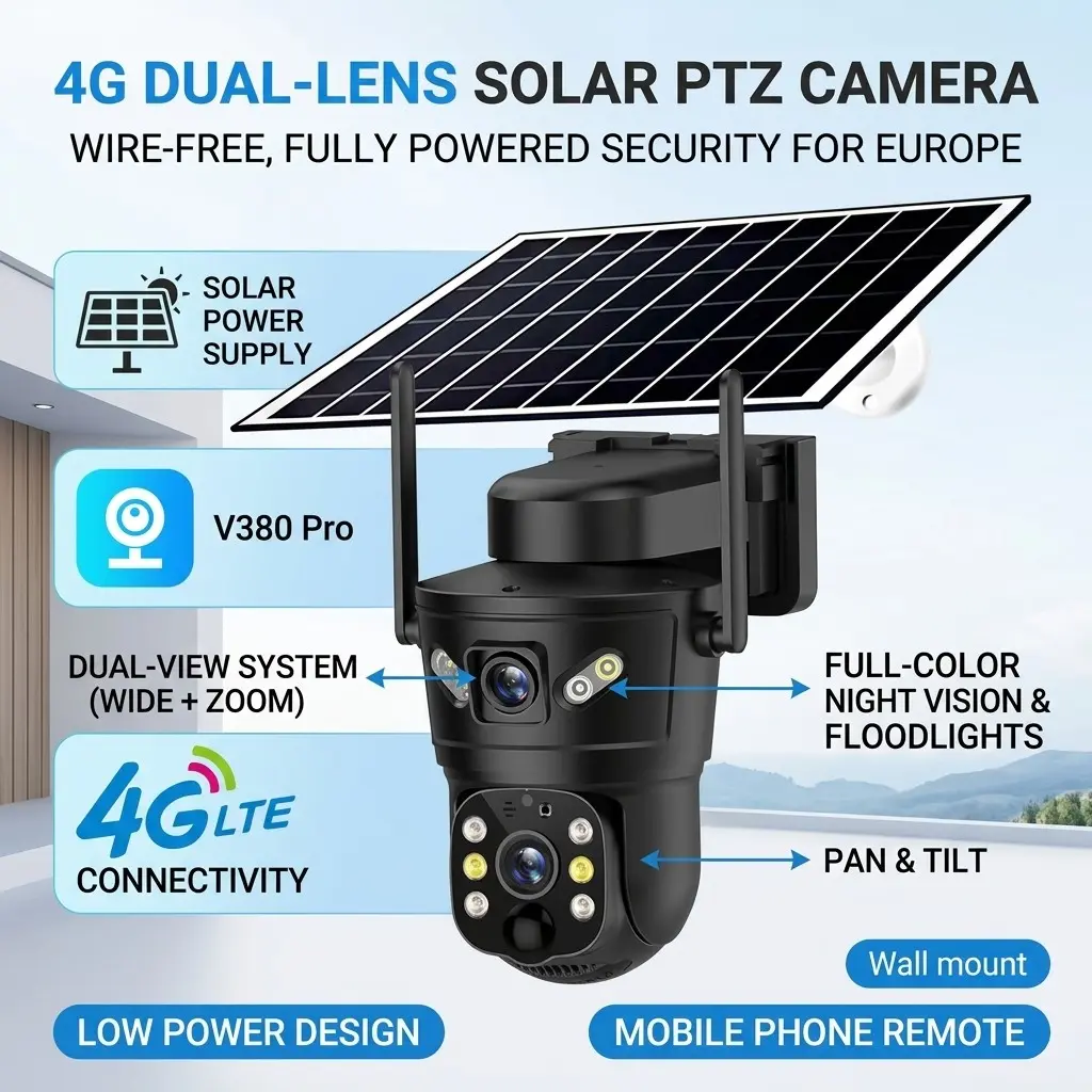 V380 Solar Powered Surveillance Camera, 4g Solar Camera, Low Power Consumption, 128GB TF Card, Dual View, Indoor Outdoor, HD Night Vision