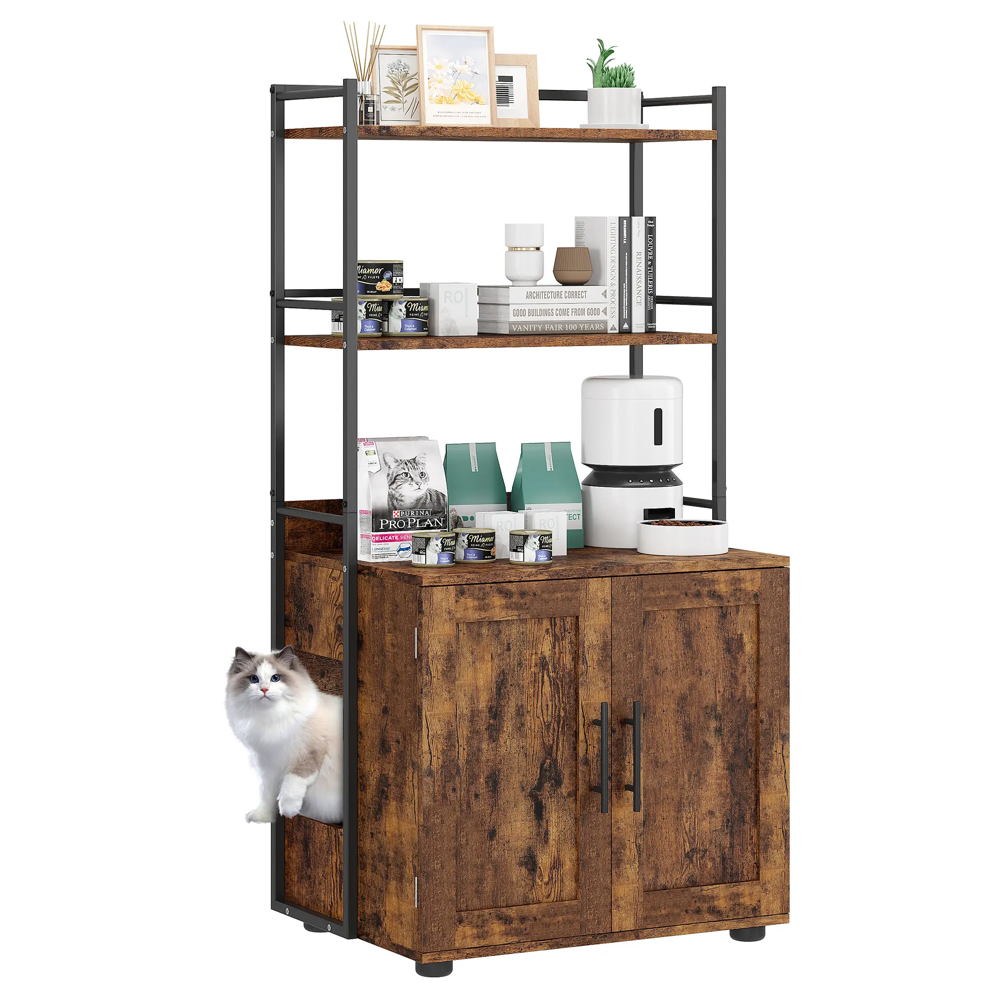 Hidden Cat Litter Box Enclosure Furniture with Multi-Tier Storage Shelves, Vintage Rustic Retro color Indoor Cat House Cabinet with Double Doors, Space-Saving Pet Supply Organizer Rack for Living Room, Odor Control Wood Litter Box Cover