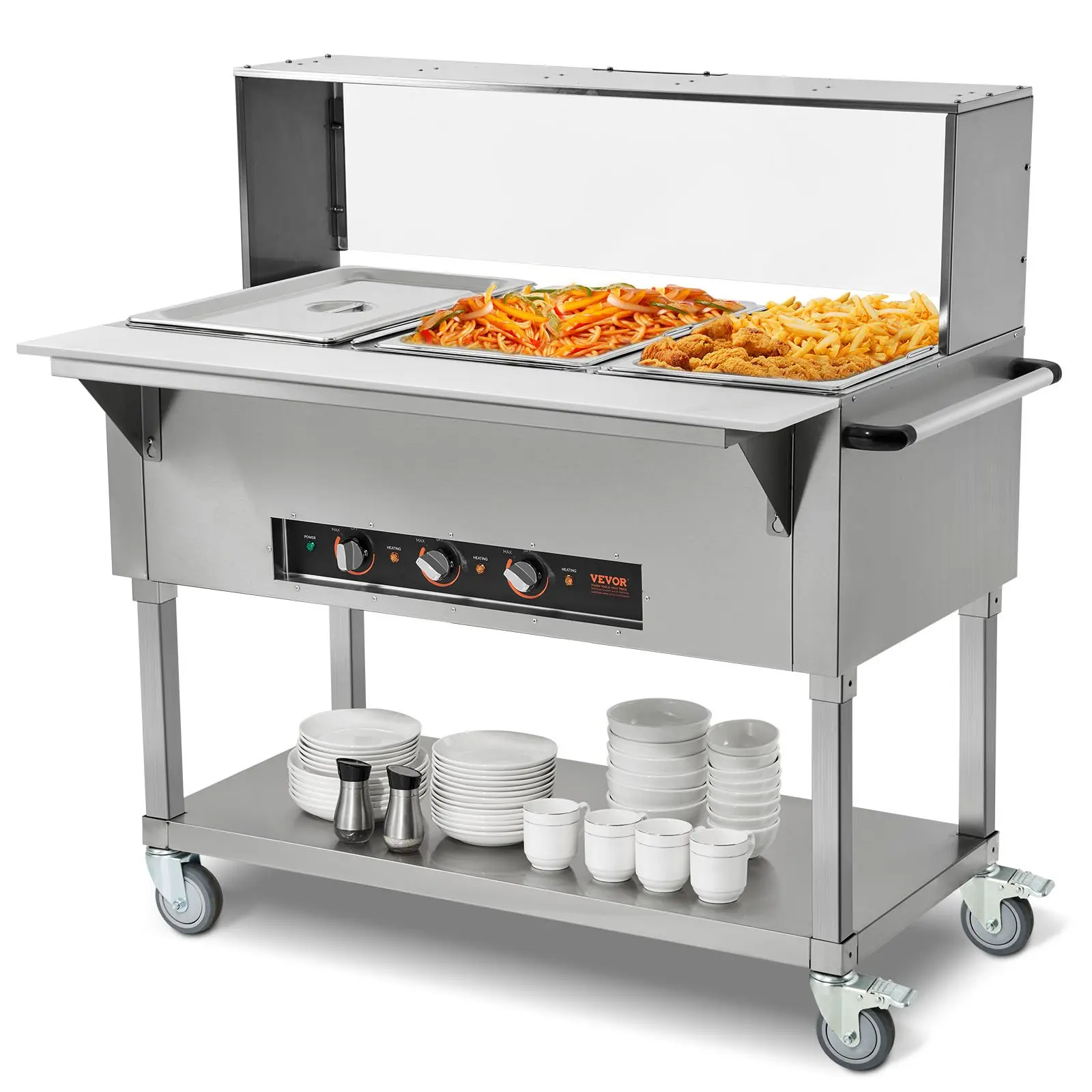 【Summerfinds】VEVOR 3-Pan Commercial Food Warmer, 3 x 20.6QT Electric Steam Table, 1500W Professional Buffet Catering Food Warmer with Acrylic Sneeze Guard, Food Grade Stainless Steel Server for Party Restaurant