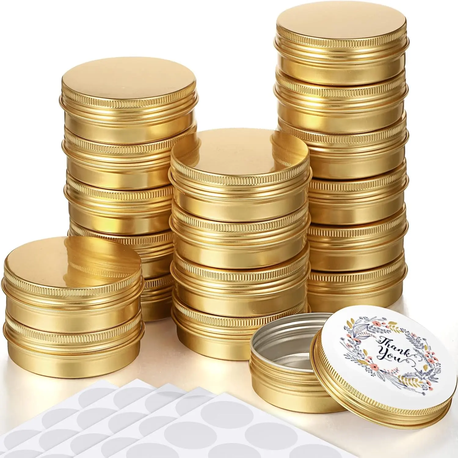 2 oz Gold Metal Round Tins Aluminum Tin Cans Salve Tins Containers with Screw Lid 10 Sheets Stickers for Salve Spice Candies Balms Candles, 36 Pack (Classic Style)