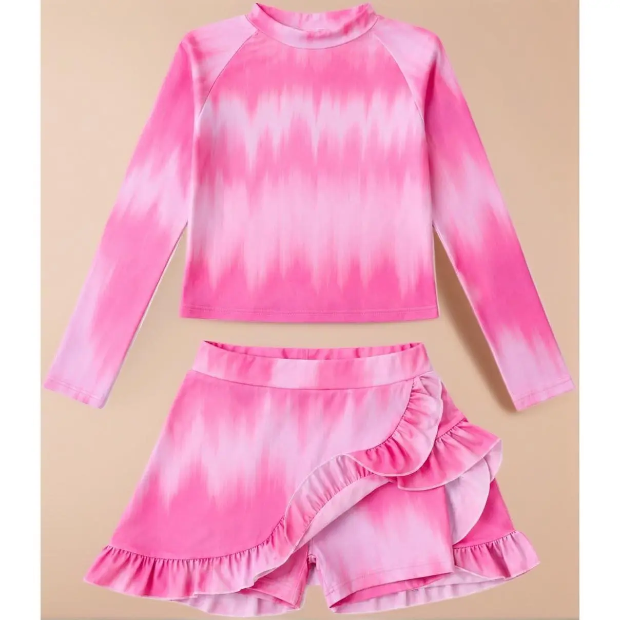 Girls Long Sleeve Modest 2 Piece Rash Guard Swimsuit with Skirt & Built-in Shorts, Stretch Kids Swimwear 3-12Y for Beach Swimming Water Park