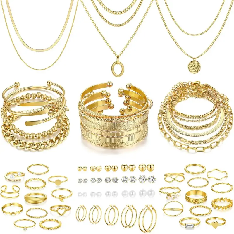 68 Pcs Gold Jewelry Set for Women with 7 Necklace, 17 Bracelet, 5 Hoop Earrings, 15 Stud Earrings, 24 Knuckle Rings for Women Jewelry Set for Women Gift