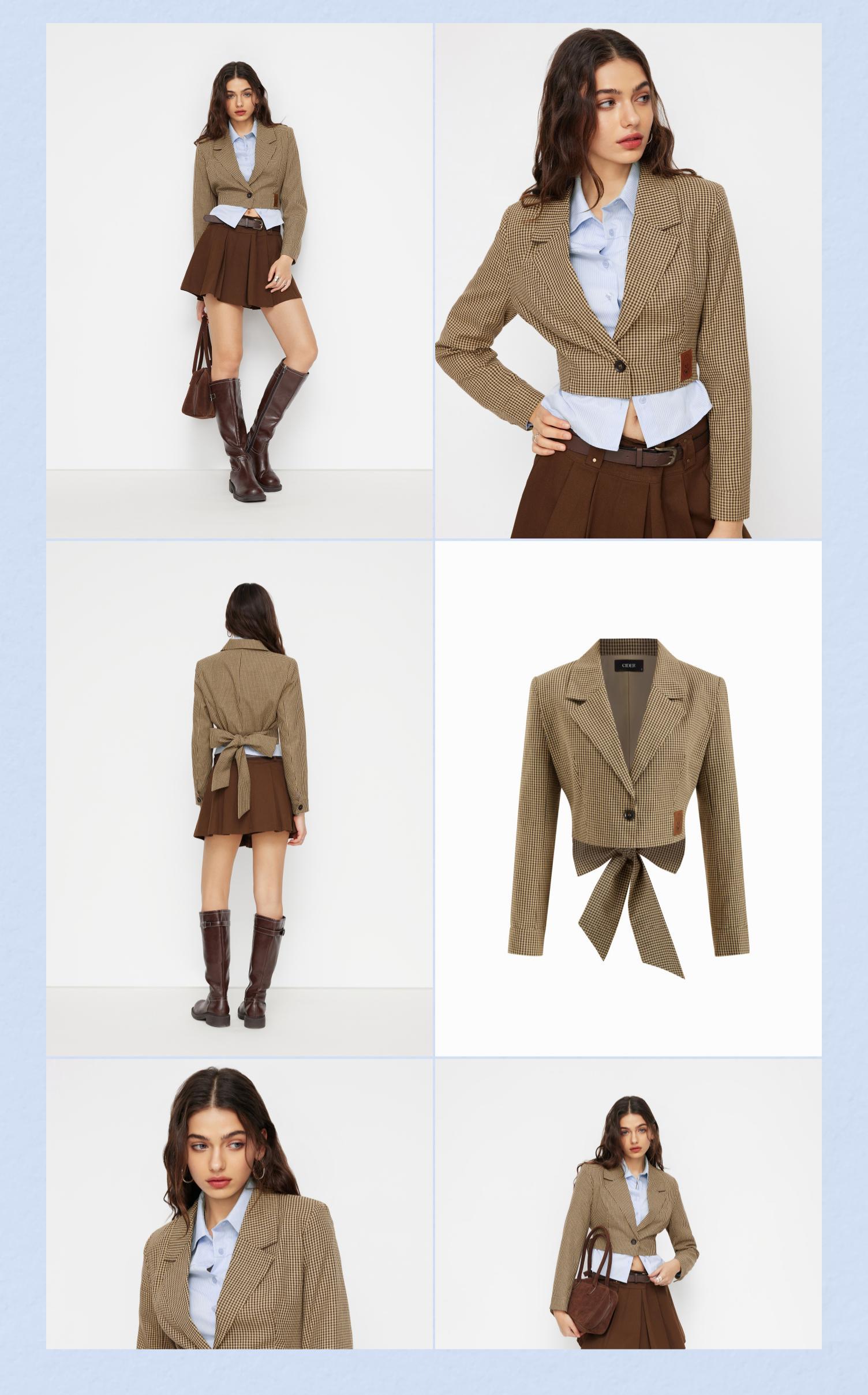 Cider Cotton-blend Collar Checks Bowknot Crop Blazer
