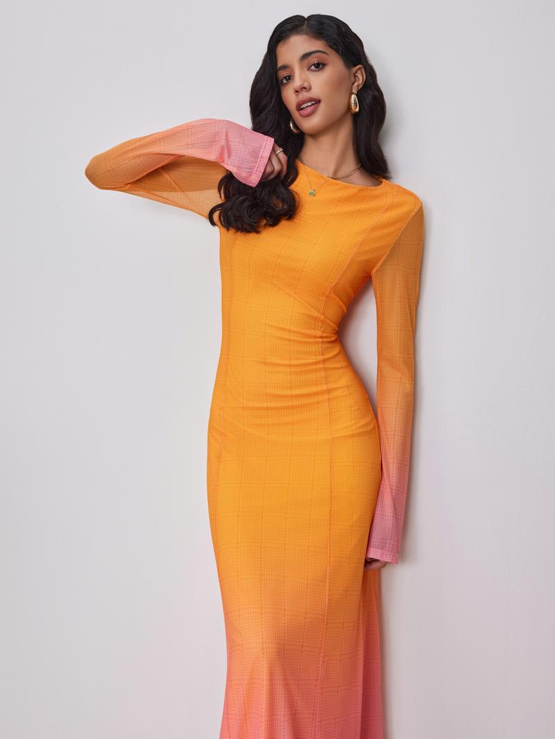 Cider [2 colors, size 0-10] Miami Sunset Vacation 【Ramadan Limited Edition】Mesh Round Neck Gradient Maxi Dress