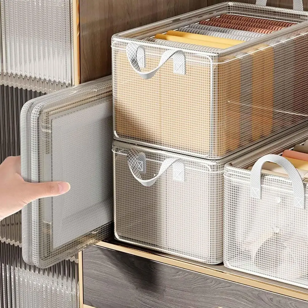 6pcs Foldable Storage Boxes - Steel Frame Wardrobe Organizers, Transparent Foldable Bins - Stackable Storage Baskets for Home, Dorm, And Under-Bed Use - Ideal for Seasonal Storage of Sweater Pants T-Shirt Dress, Shelf Baskets