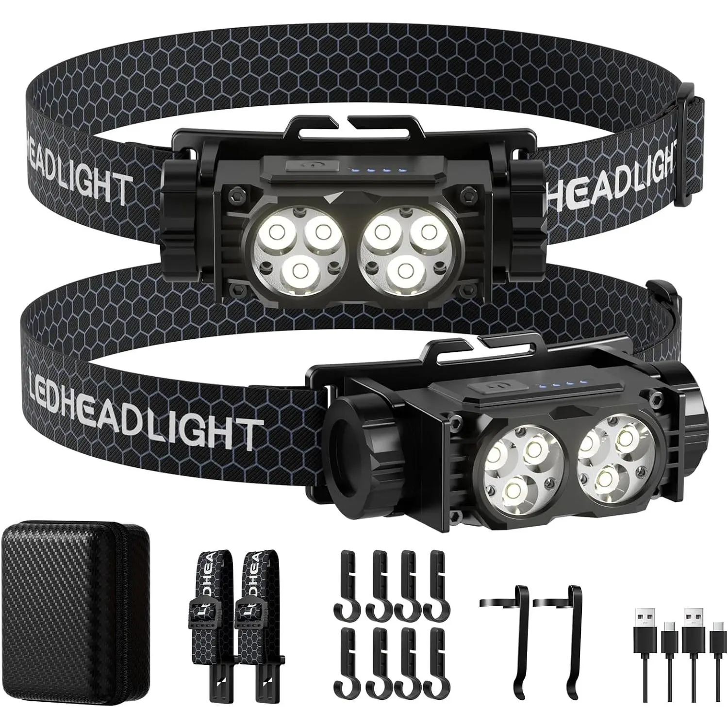 Rechargeable Headlamp 2 Pack, 4500 Lumen Super Bright LED Headlight with White Light, Waterproof Head Lamp with Headband for Outdoor Camping, Hiking, Work EssentialsGift