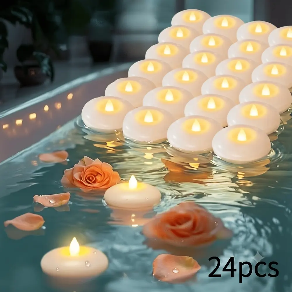 48/24pcs Flameless LED Floating Candles, Powered By Plastic Batteries, With Flashing Waterproof Tea Cups, Suitable For Cylindrical Vases, Center Decorations On Dining Tables, Suitable For Weddings, Parties, Pools, Holidays, 200 Hours