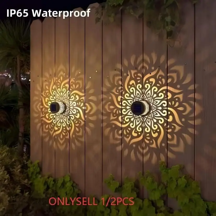 1/2 Pack Solar Wall Lights Outdoor IP44 Waterproof, MetalSolar Fence Lights with 7 Color & Warm White Modes,Decorative Solar Lamp for Garden Backyard Front Door