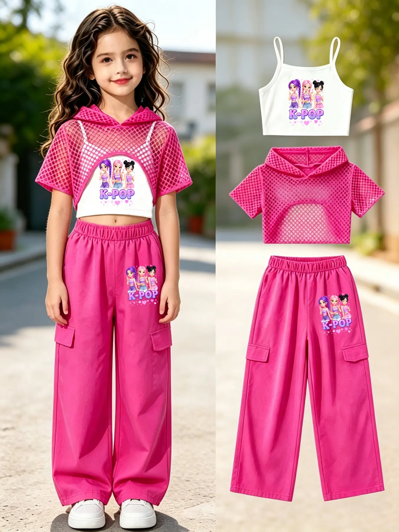 3pcs K-Pop Cartoon Girl Group Print Kids Set, Fashion Set, Mesh Hooded Jacket + Tank Top + Cargo Pants, Summer for Girls