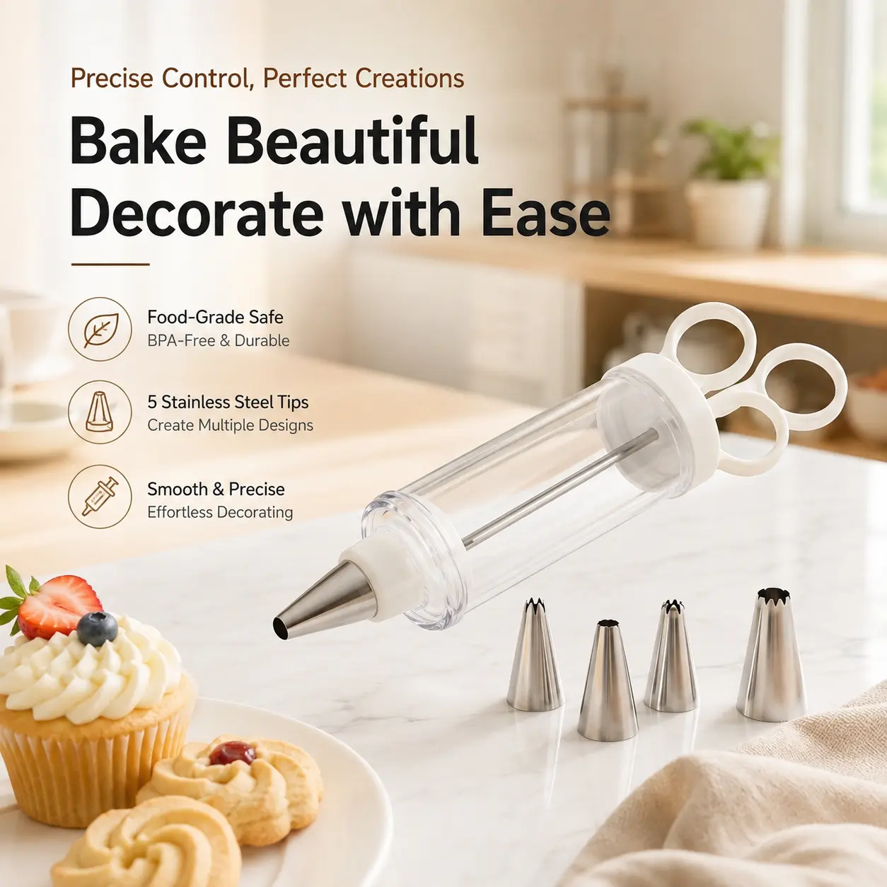 1Set Stainless Steel Cake Decorating Gun Kit with 5 Icing Nozzles - Cupcake Injector Piping Set for Cake & Deviled Egg Decoration, Pastry Icing Tools kitchen gadgets-YY2