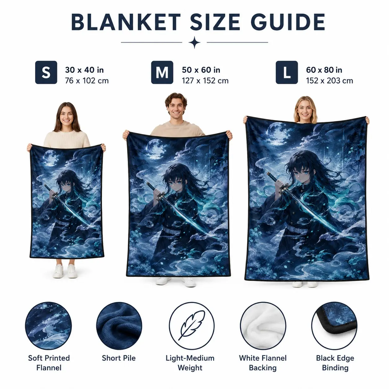 Demon Slayer Muichiro Tokito Mist Hashira Flannel Blanket, Blue Moon Mist Anime Throw for Bed Sofa, Gift for Fans