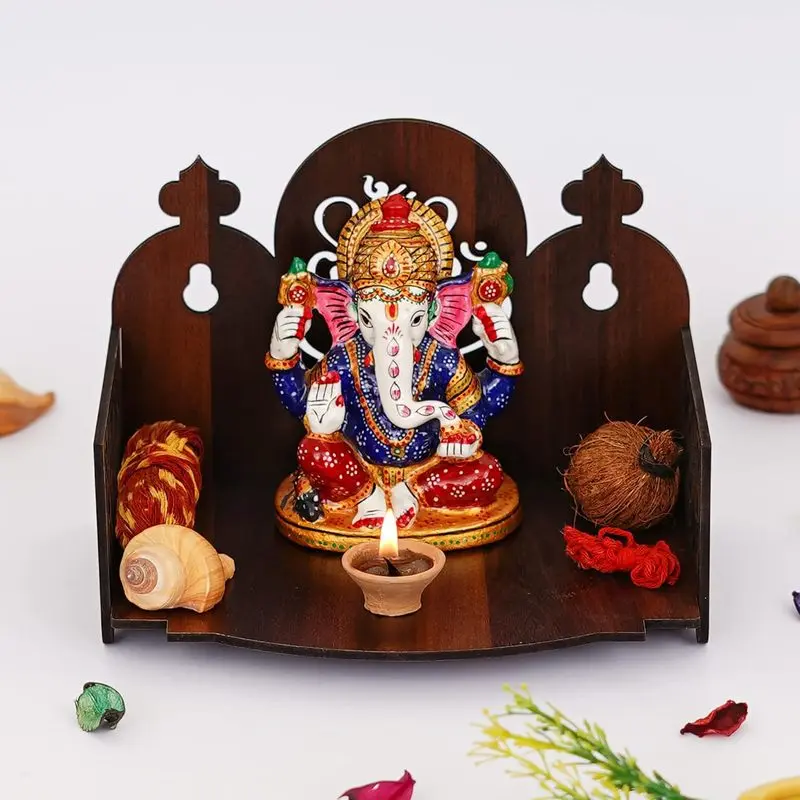 Readymade Wooden Wall Hanging Puja Temple for Home | God Stand for Pooja Room Mandir | Wall Mounted Wood Devghar Stand for Office and Shop | Brown | A-Design