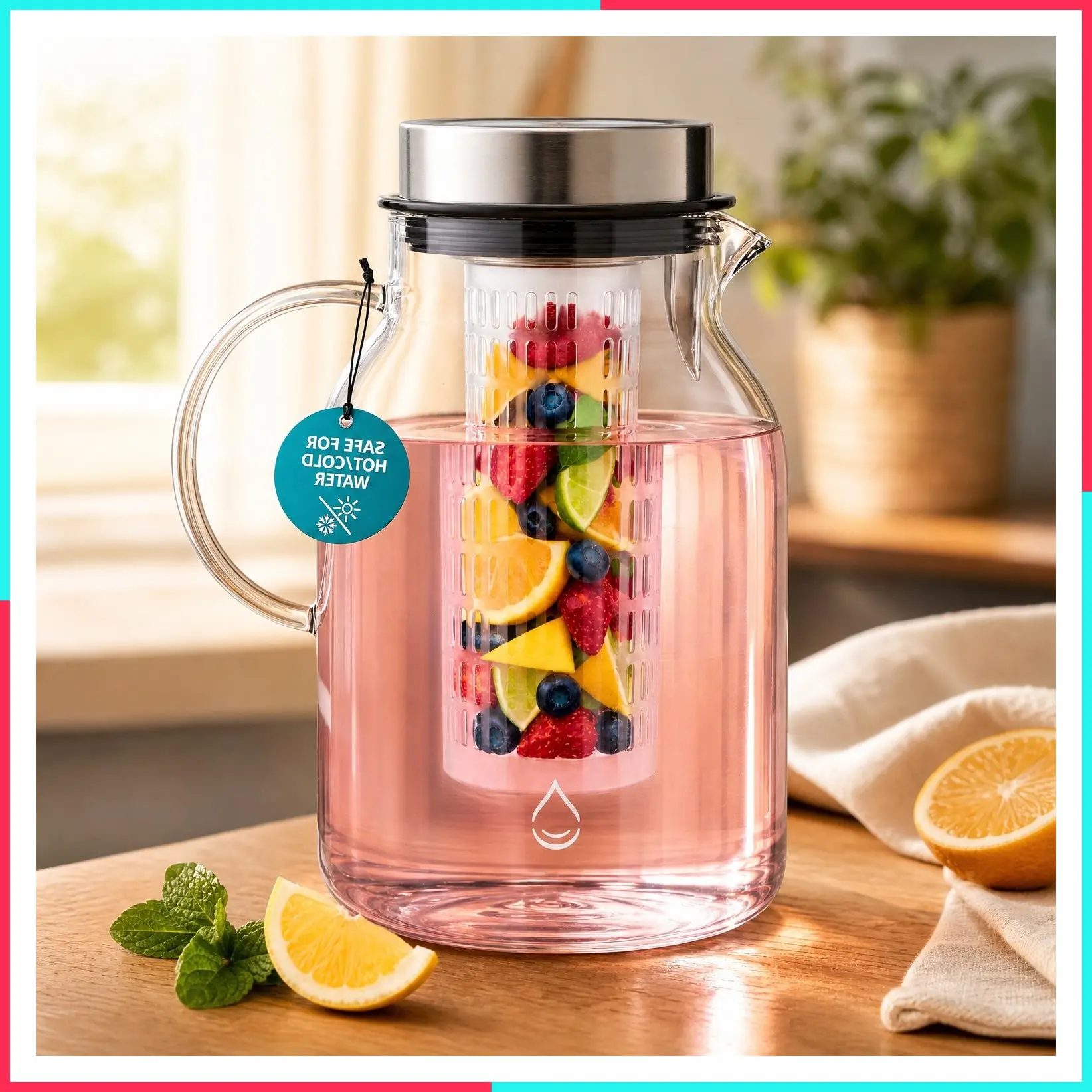 Glass Fruit Infuser Water Pitcher, Heat Resistant for Hot/Cold Use, Great Iced Tea Pitcher, 2 Qt