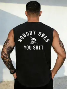 Men’s Vintage Washed Sleeveless Tank – “Nobody Owes You Shit” Skull Graphic, Heavyweight Cotton Muscle Tee, Grinder Gym Streetwear