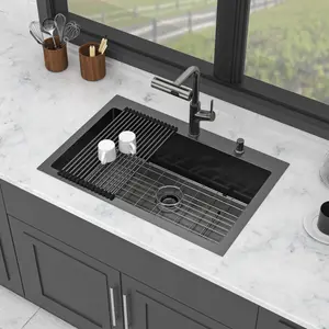 ARCH 33 Inch Gunmetal Black Drop-in Topmount Single Bowl Kitchen Sink Set with Pull-out Faucet and Soap Dispenser, 16 Gauge Stainless Steel Basin, 33 x 22 x 10 Inch, Modern Kitchen Sink for Home, Bar, Laundry Room, Home Furniture and Household