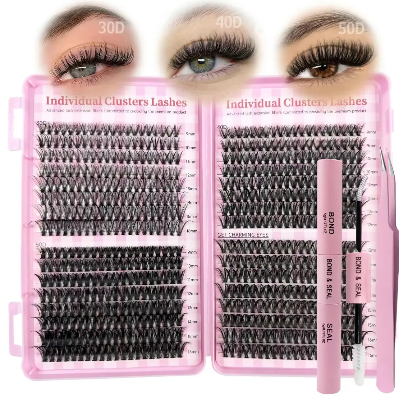 640 Pcs DIY False Eyelashes Set, 30D+40D+50D, 9-16mm Clustered, Individual False Lashes, Natural Look, 8 Lengths, Includes Glue & Tweezers, Perfect for Eye Makeup