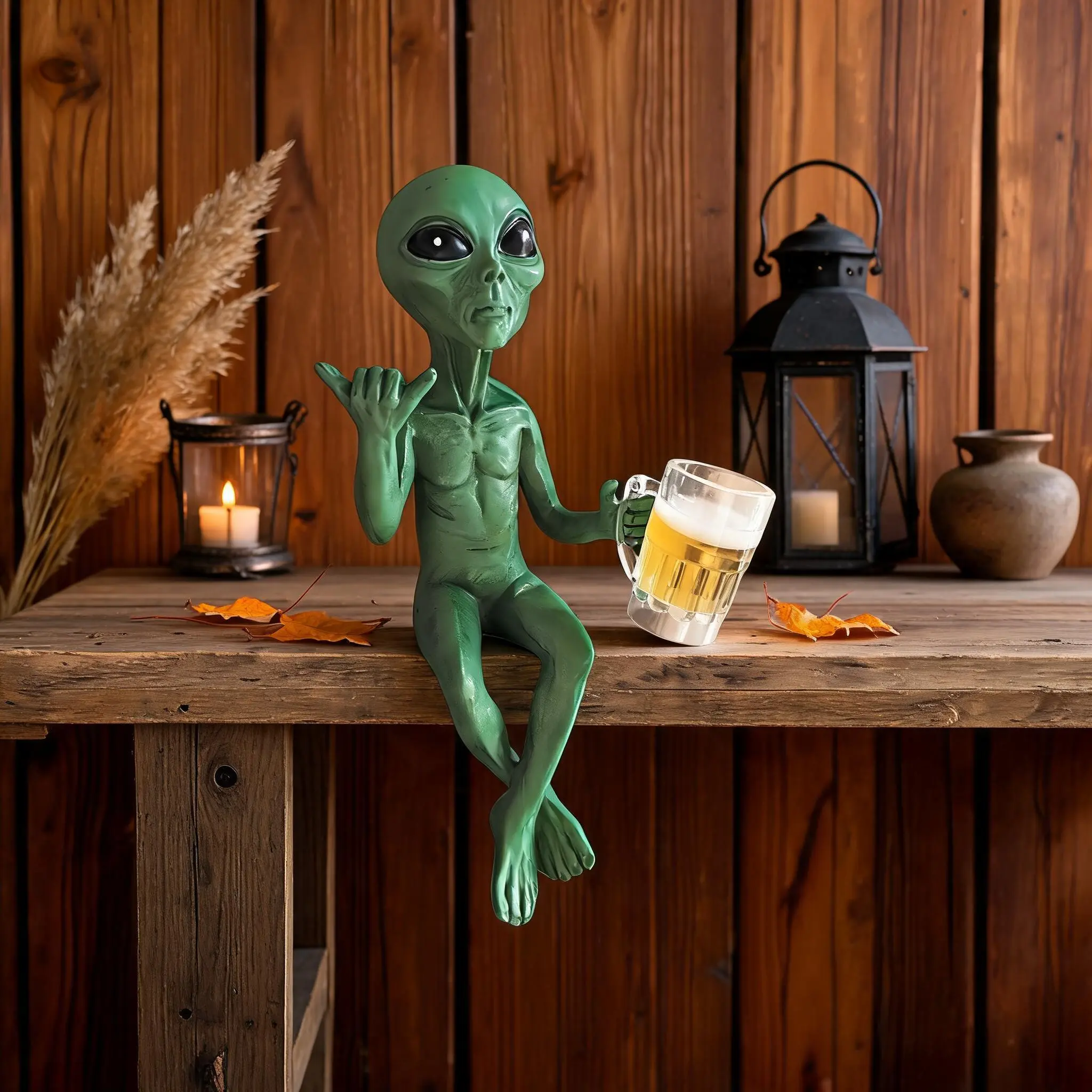Alien Beer Drinking Resin Statue, Fun Outer Space Home Decor, Alien Figurine with Beer Mug, Desk or Shelf Display, Sci-Fi Fan Gift, Desk Ornament, Decorative Piece, Decorative Statues, Statue Figurines