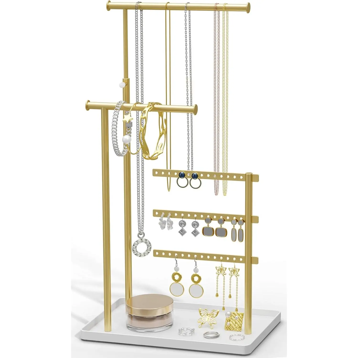 Jewelry Holder Organizer Stand - Adjustable Tall 17.5" (Max), Sturdy Jewelry Hanger for Necklaces, Earrings, Bracelets, Rings, Jewlery Display and Storage, Gold and White, Metal