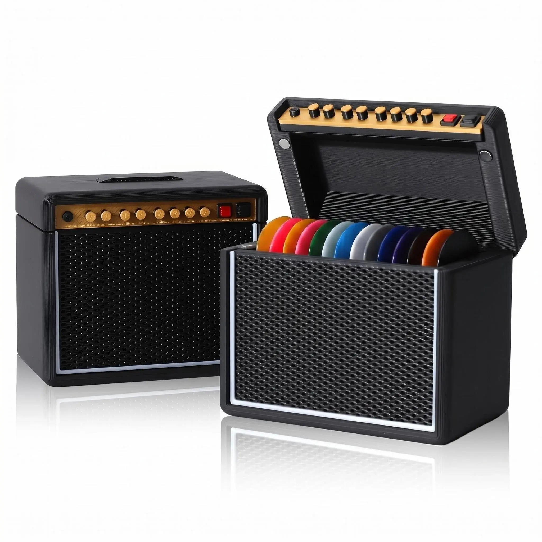 New High Precision 3D Printed Vintage Guitar Pick Holder Organizer, Acoustic Guitar Accessories, Flip Cover Quick Storage, Quick Access, 12 Slots + Large Compartment, Includes 5 Colorful Picks