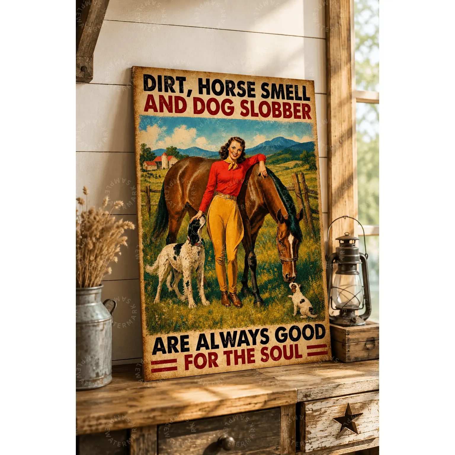 Vintage Cowgirl Illustration Poster - Dirt Horse Smell & Dog Slobber Theme, 1-Piece Rustic Farmhouse Canvas Print, Western Cowboy Life Decor, Equestrian Gift Ideas for Bedroom (Multi-Size), One-Piece