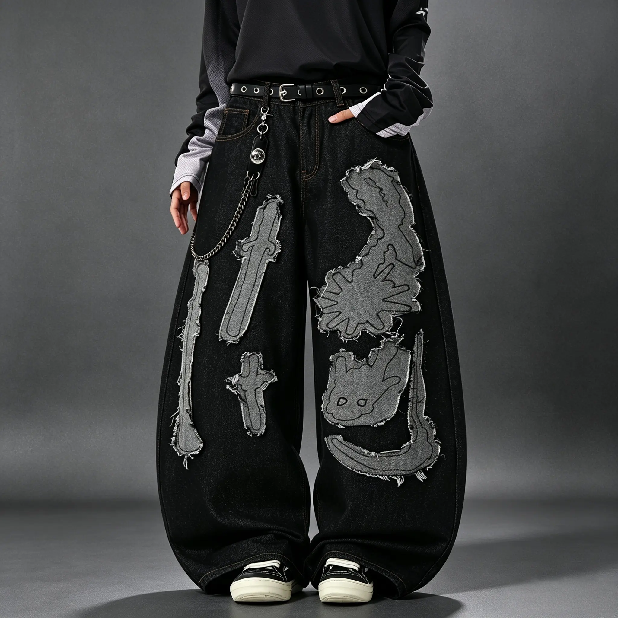 Men's Upgraded Wide-Leg Long Pants - Artistic Patchwork, Distressed Embroidery, Structured Cut, Decorative Chain Accents, High-End Casual Bottoms for Creative Commuting