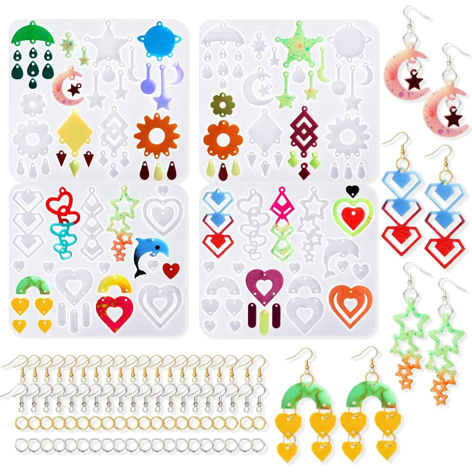 Earring  Molds with Hole, 4 count Multi Layer  Earrings Mold with 40 Earring Hooks,   Casting DIY Pendant  Earring Making