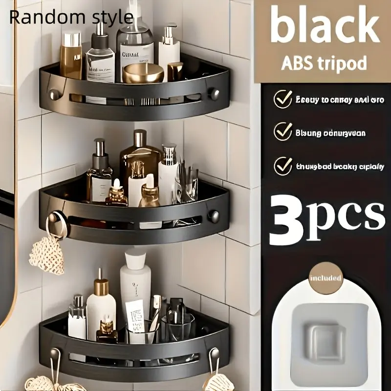 Three-Tier Bathroom Corner Shelf with Adhesive Hooks, Bathroom Caddy Organizer, Plastic Storage Rack for Cosmetics and Shower Gel, Multi-Functional Kitchen Wall Mount Organizer, Shower Organiser, Shower Organizers, Bathroom Necessities