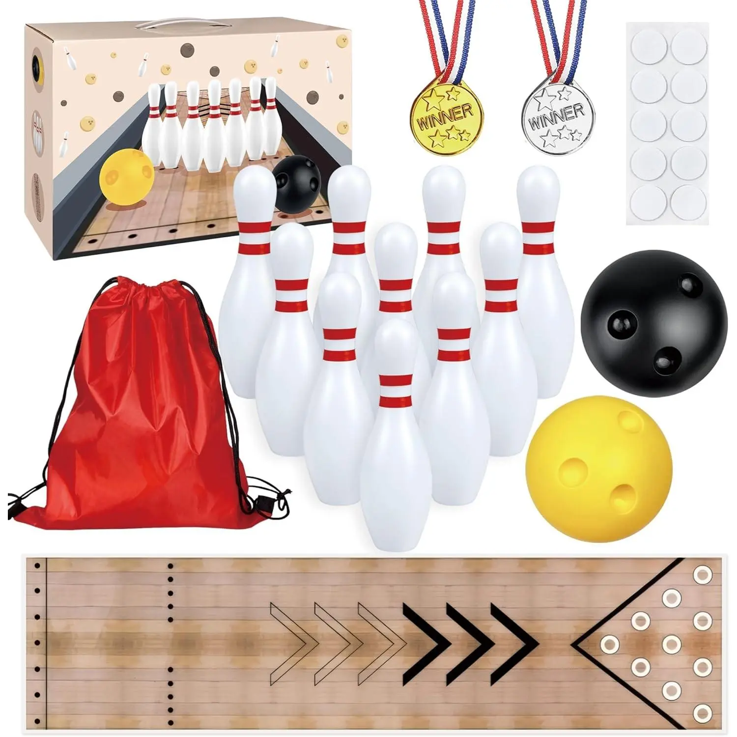 Mini Bowling Set Indoor Outdoor with Guide Arrow Mat Gold and Silver Medal Backpack Dispensing Suitable for Family Friends Party Entertainment