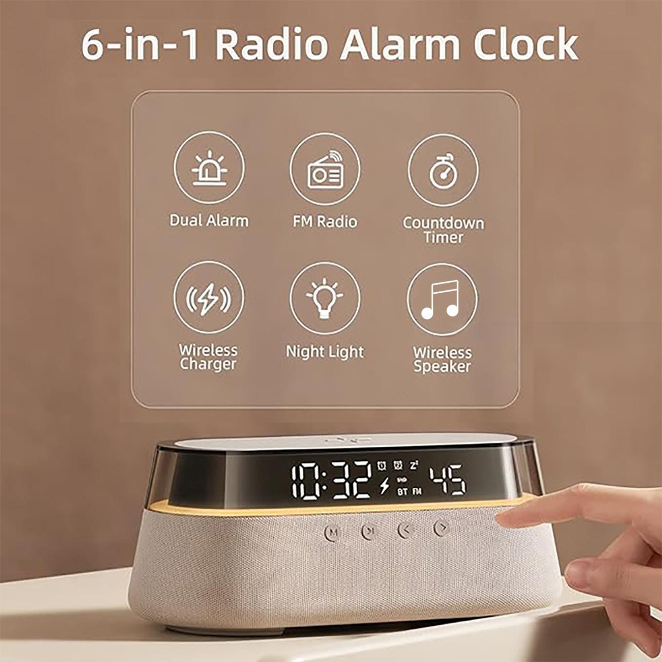 6-in-1 Smart Speaker Alarm Clock 15W Wireless Charger Bluetooth Music Player with Snooze Function