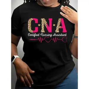 Women's Certified Nursing Assistant CNA Graphic T-Shirt - with Leopard Print & Heartbeat Design, Short Sleeve Crew Neck Casual Top, Medium Stretch Breathable Fabric for Spring & Summer, Machine Washab