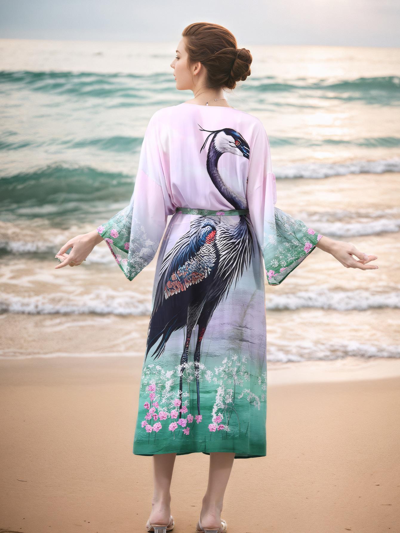 Women's Sheer Belted Kimono Beach Cover Up - Long Sleeve Floral Ombre Kaftan for Summer Vacation,#ResortWear, Poolside Outfits & Beachwear,Shirt-style beach cover-up, vacation bikini sunscreen shirt