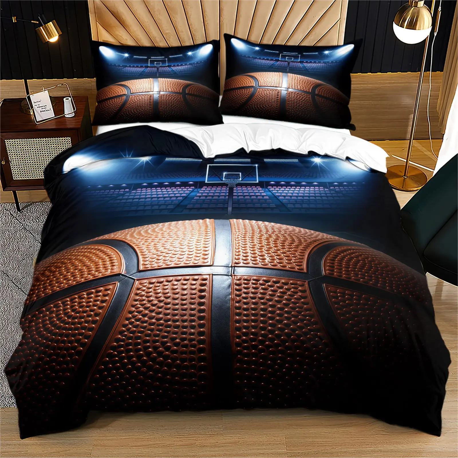 Basketball printed pattern set, including 1 duvet cover and 1 or 2 pillowcases, excluding the duvet core and pillow core, suitable for bedroom or dormitory bedding set, suitable for gift giving or personal use