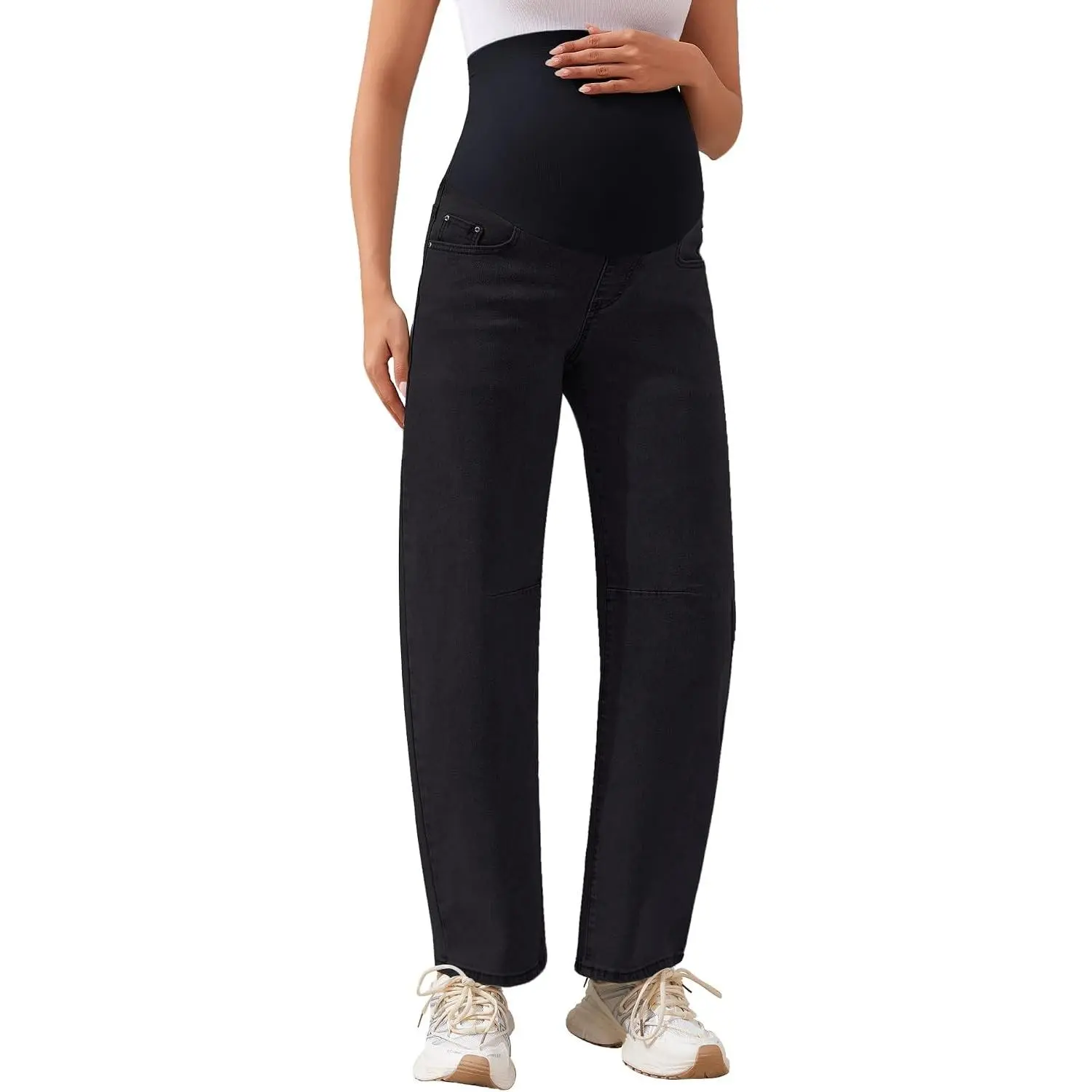 Women's Maternity Barrel Jeans – Over Belly Stretch Baggy Pregnancy Denim Pants for Work Casual Mid to Late Pregnancy