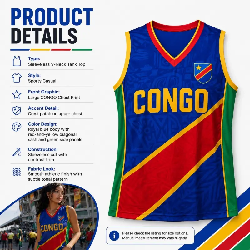 Y2K Democratic Republic of Congo women's V-neck sleeveless tank top. Made from lightweight and breathable sports fabric, it is suitable for watching football games, fan gatherings, and casual summer wear
