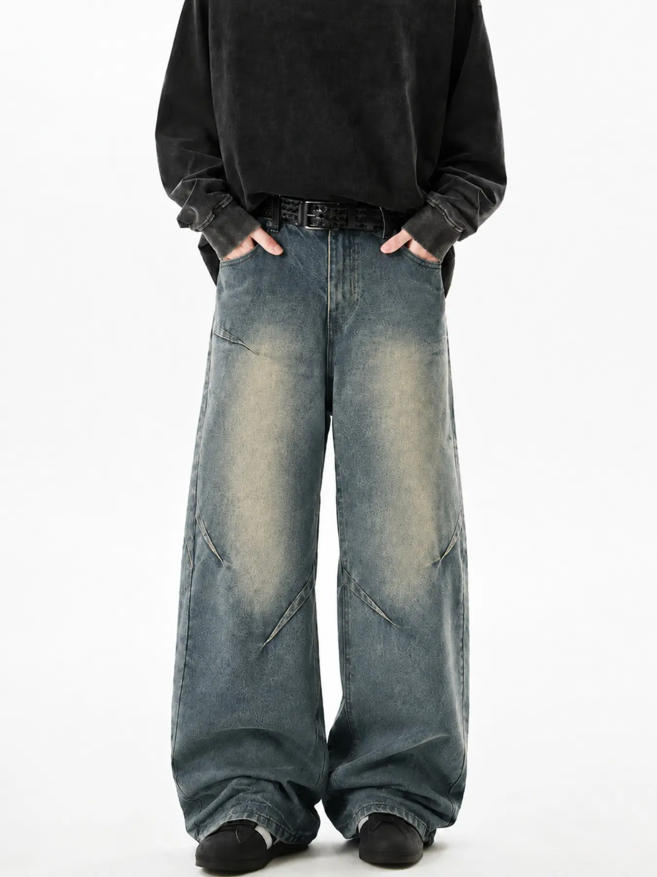 Men’s Blue Gray Washed Jacquard Baggy Jeans with Decorative Zipper Details, Wide Leg Y2K Streetwear Denim Pants