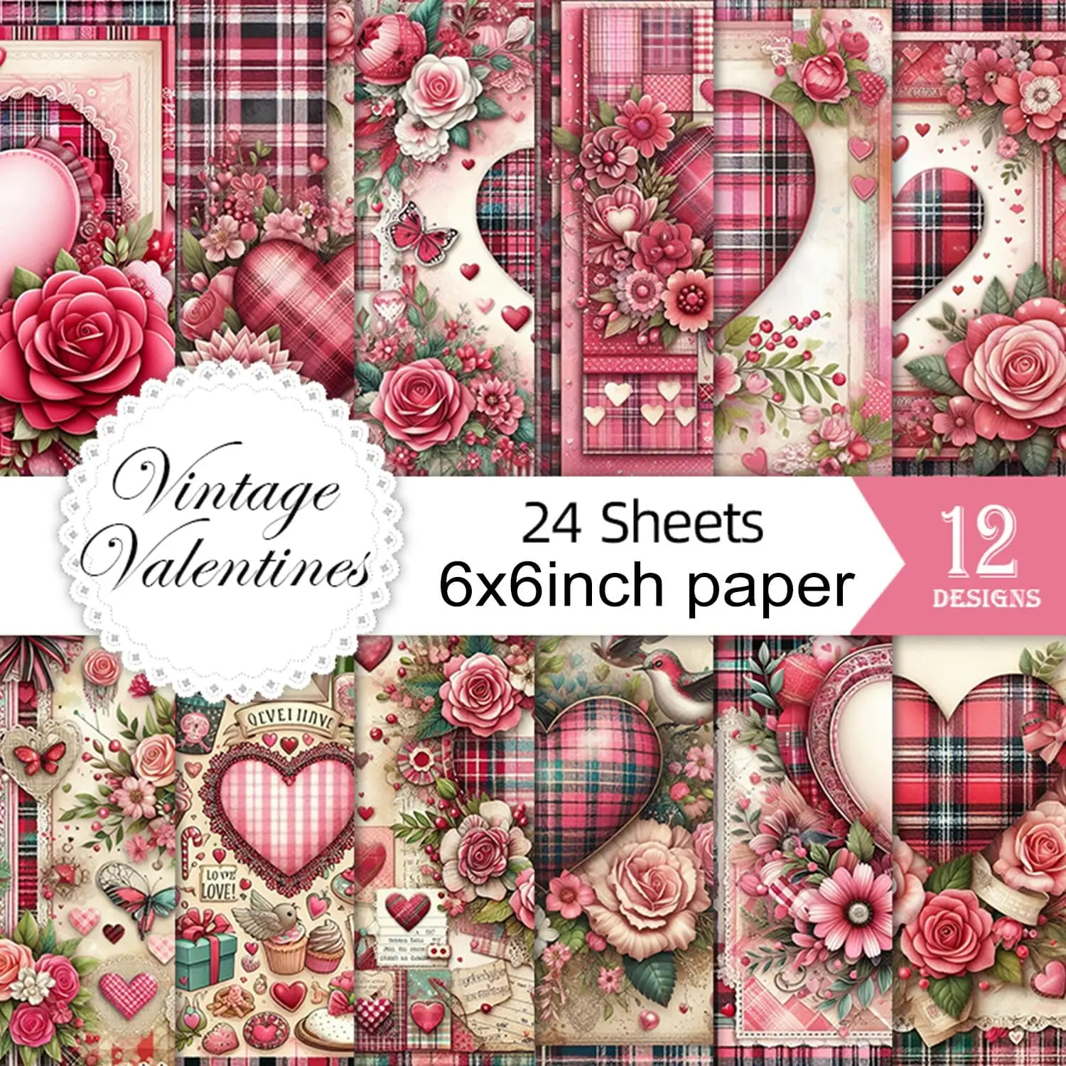 Valentine Scrapbook Paper Pad - 24 Sheets 6in  Love Hearts Patterns Designed Decoupage Supplies for Journals Folded Cardstock DIY Crafts Origami  Wrapping Material