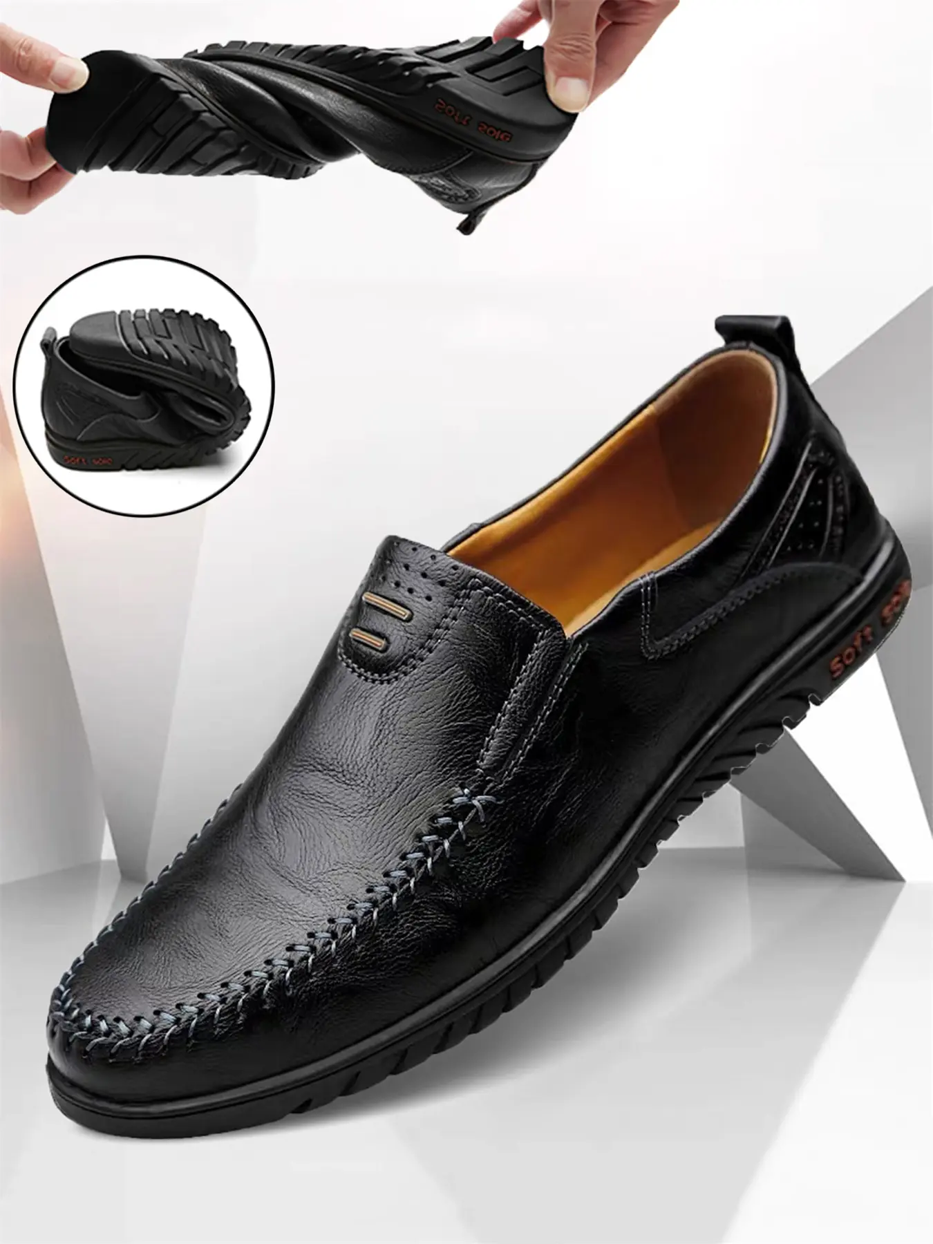 Men's Fashion Loafers, Slip On Shoes, Vegan Leather Round Toe, Comfortable Rubber Sole, All-Season Business Casual Shoes, Durable Breathable Design