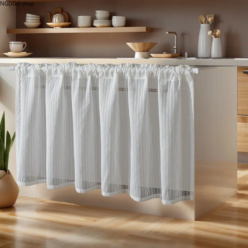 Sheer Cabinet Curtain - White Semi Transparent Kitchen Valance with Ruffle, Adjustable Short Window Cover, Trendy Home Decor for Cupboard Living Room