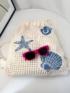 Ocean Jacquard Knit Drawstring Backpack, Lightweight Hollow Out Shoulder Bag, Ideal for Beach, Travel, Daily Casual Wear
